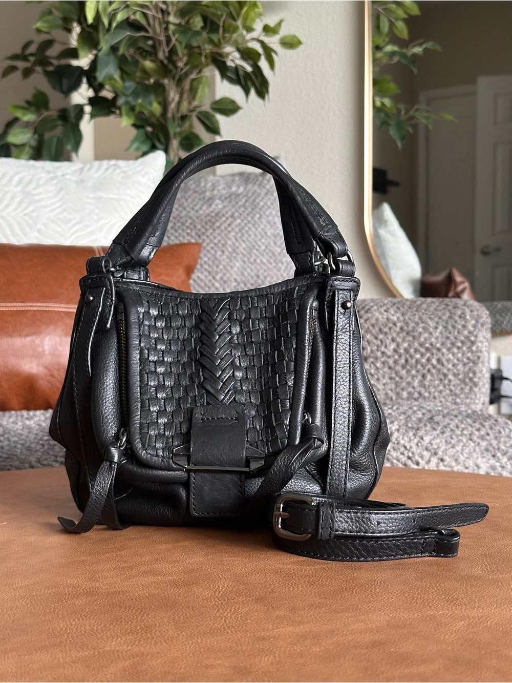 Kooba Mini Jonnie Black Woven Leather Satchel Crossbody Bag Y2K Boho